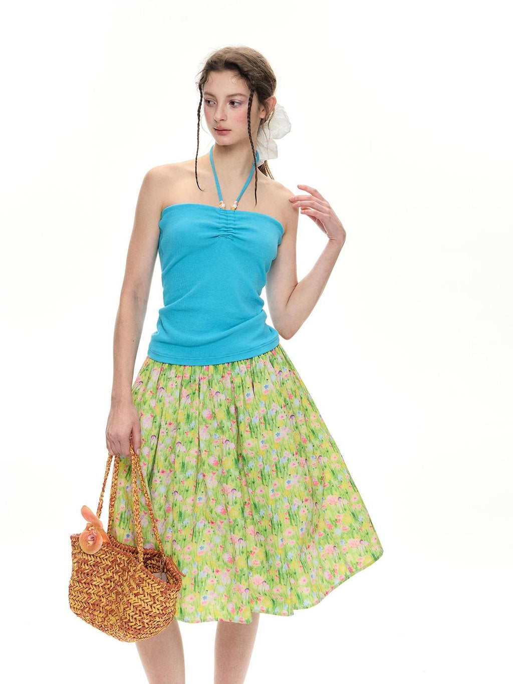 Romance Nanci Blue Beaded Halter Neck Pullover Slim Fit Bandeau Women's Cotton Halter Tops