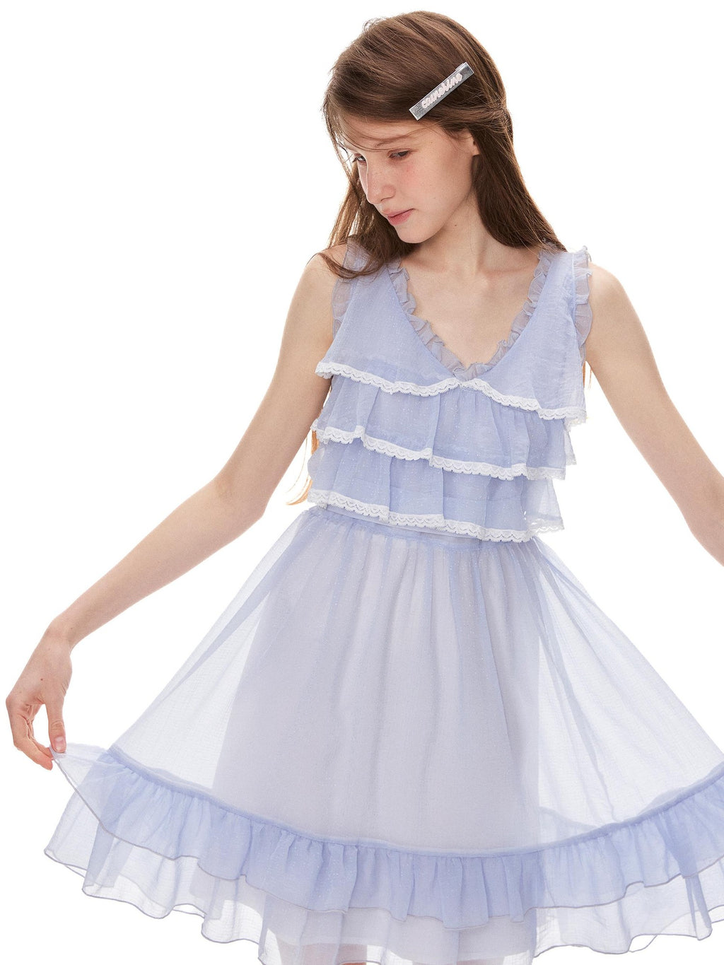 Romance Nanci Blue Purple V-neck Tiered Lace High Waist Women's Polyester Slip Mini Dresses