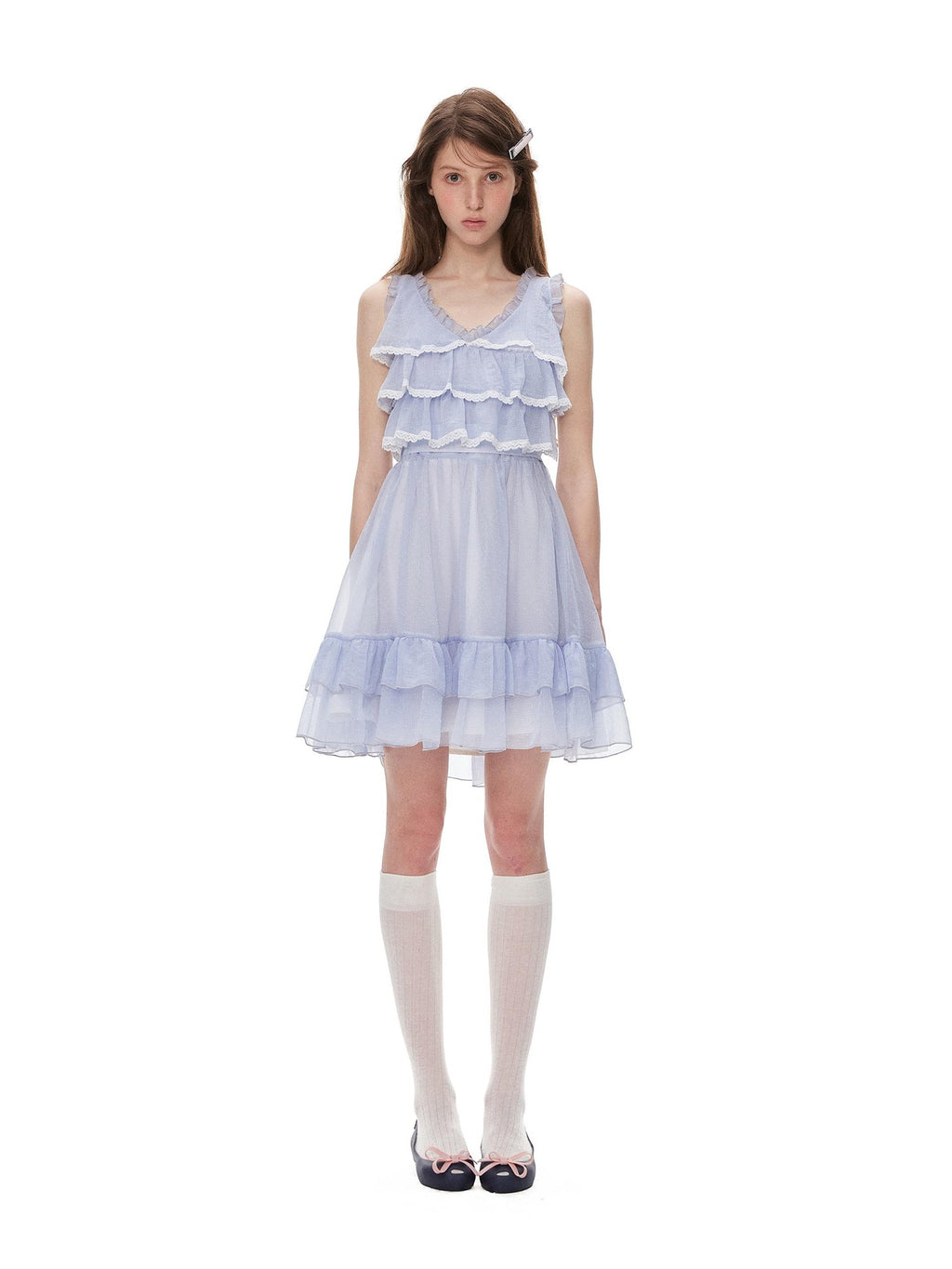 Romance Nanci Blue Purple V-neck Tiered Lace High Waist Women's Polyester Slip Mini Dresses