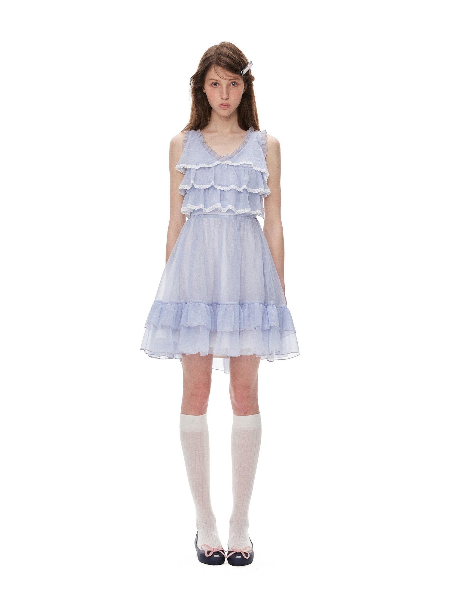 Romance Nanci Blue Purple V-neck Tiered Lace High Waist Women's Polyester Slip Mini Dresses