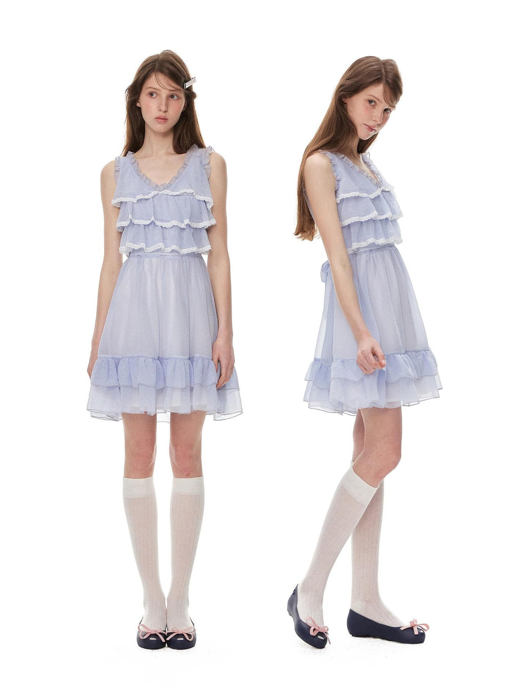 Romance Nanci Blue Purple V-neck Tiered Lace High Waist Women's Polyester Slip Mini Dresses