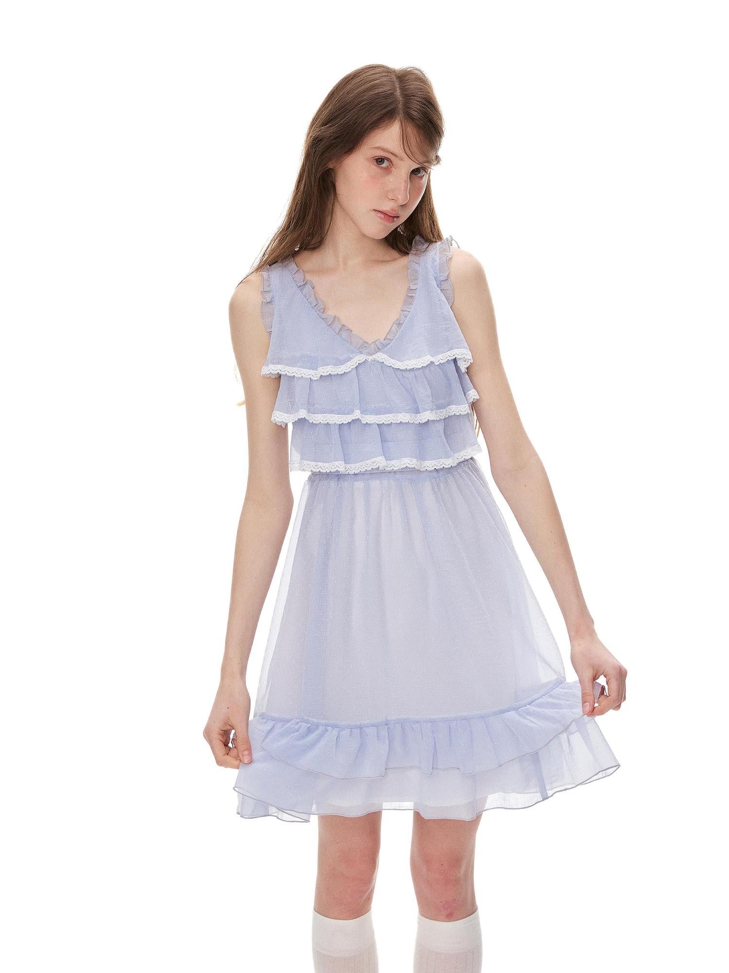 Romance Nanci Blue Purple V-neck Tiered Lace High Waist Women's Polyester Slip Mini Dresses