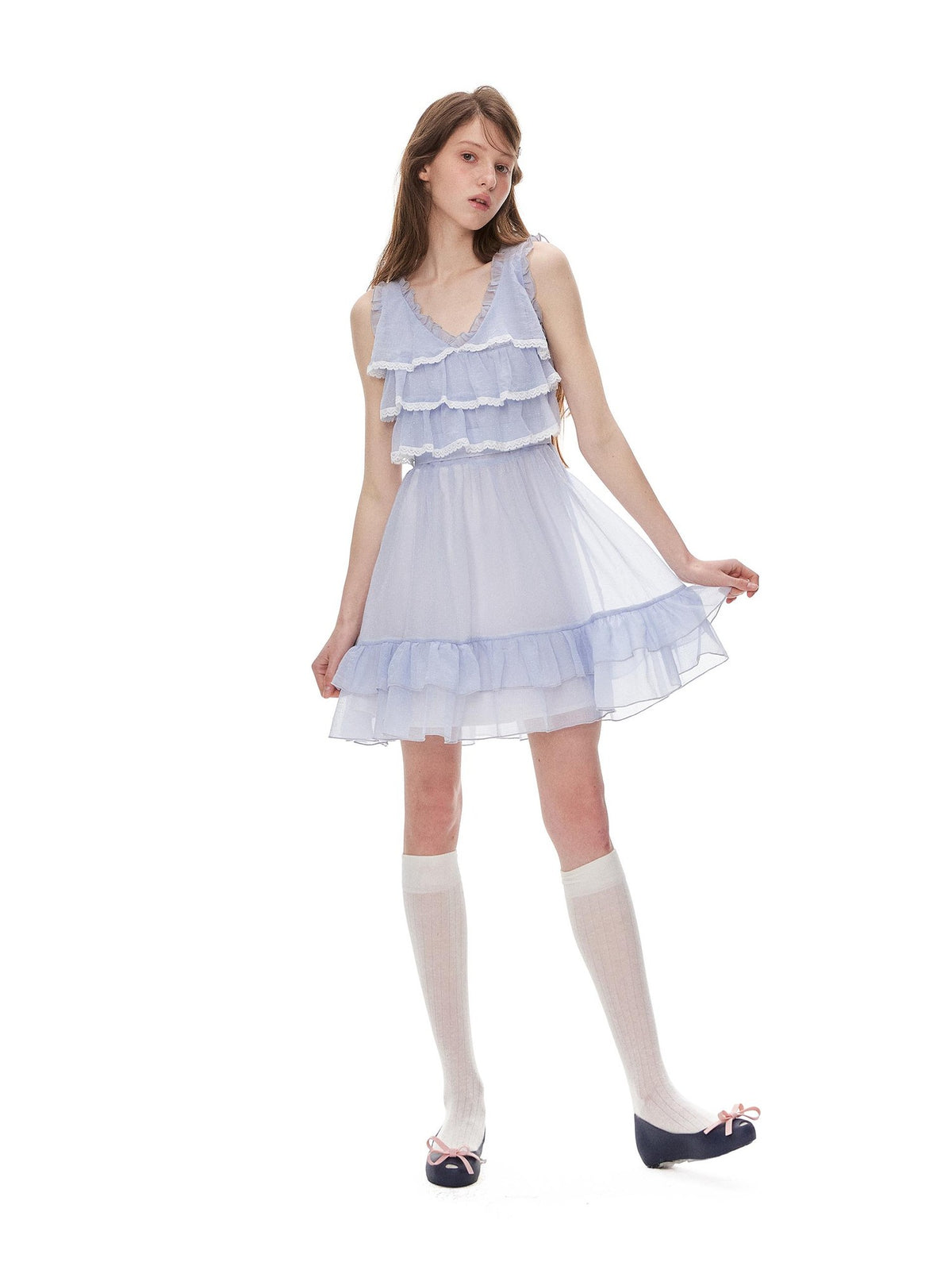 Romance Nanci Blue Purple V-neck Tiered Lace High Waist Women's Polyester Slip Mini Dresses