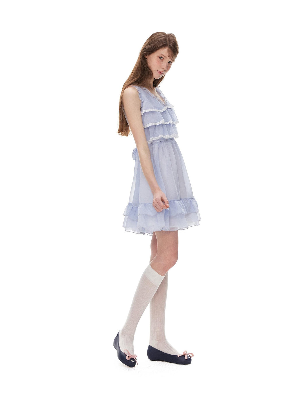 Romance Nanci Blue Purple V-neck Tiered Lace High Waist Women's Polyester Slip Mini Dresses