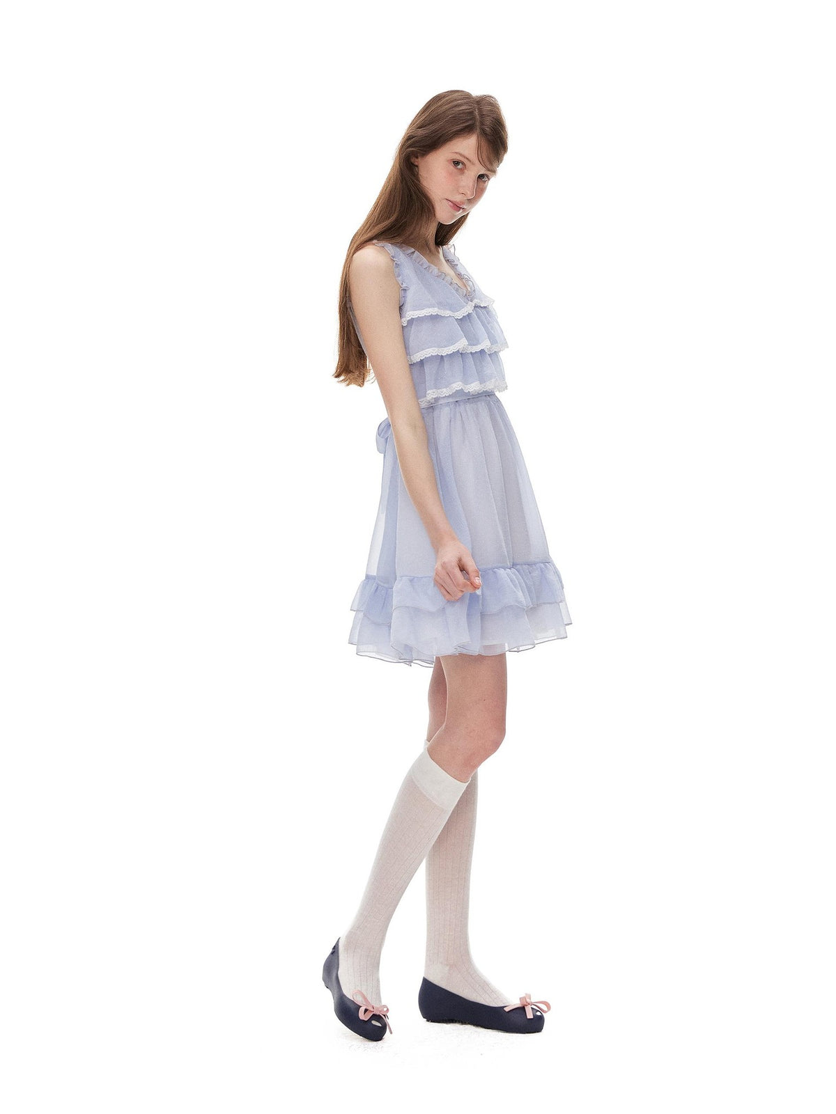 Romance Nanci Blue Purple V-neck Tiered Lace High Waist Women's Polyester Slip Mini Dresses