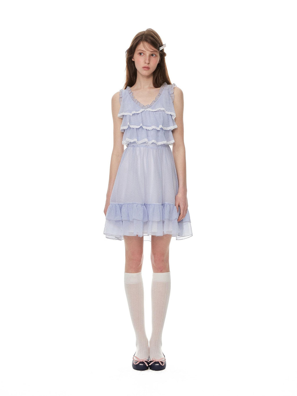 Romance Nanci Blue Purple V-neck Tiered Lace High Waist Women's Polyester Slip Mini Dresses