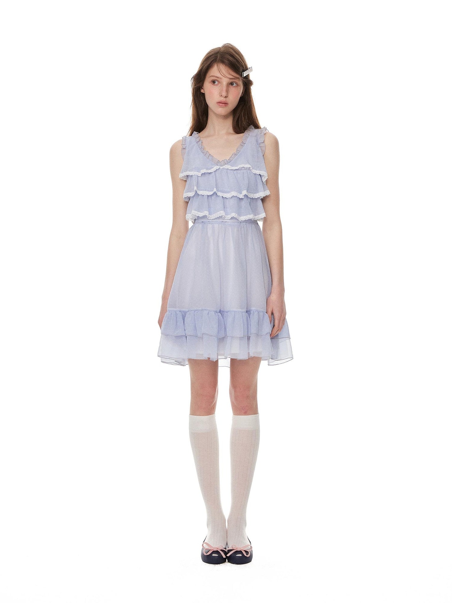 Romance Nanci Blue Purple V-neck Tiered Lace High Waist Women's Polyester Slip Mini Dresses