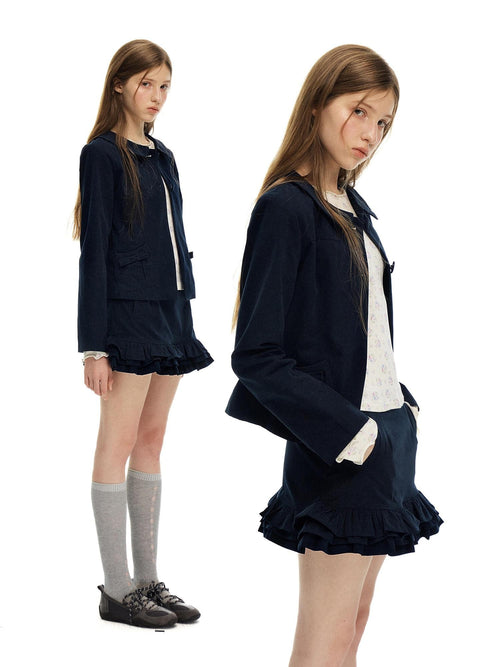 Romance Nanci Bow Detail Button Blazer Navy Brushed Women's Matching Skirt Sets
