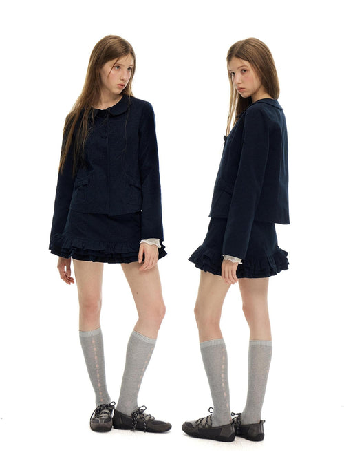 Romance Nanci Bow Detail Button Blazer Navy Brushed Women's Matching Skirt Sets