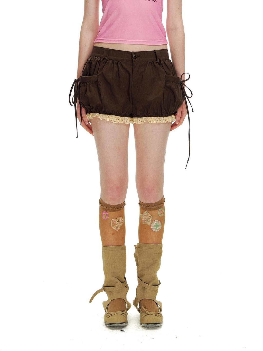 Romance Nanci Brown Lace Trim Big Pocket Lantern Pumpkin Women's Cotton Low-rise Shorts