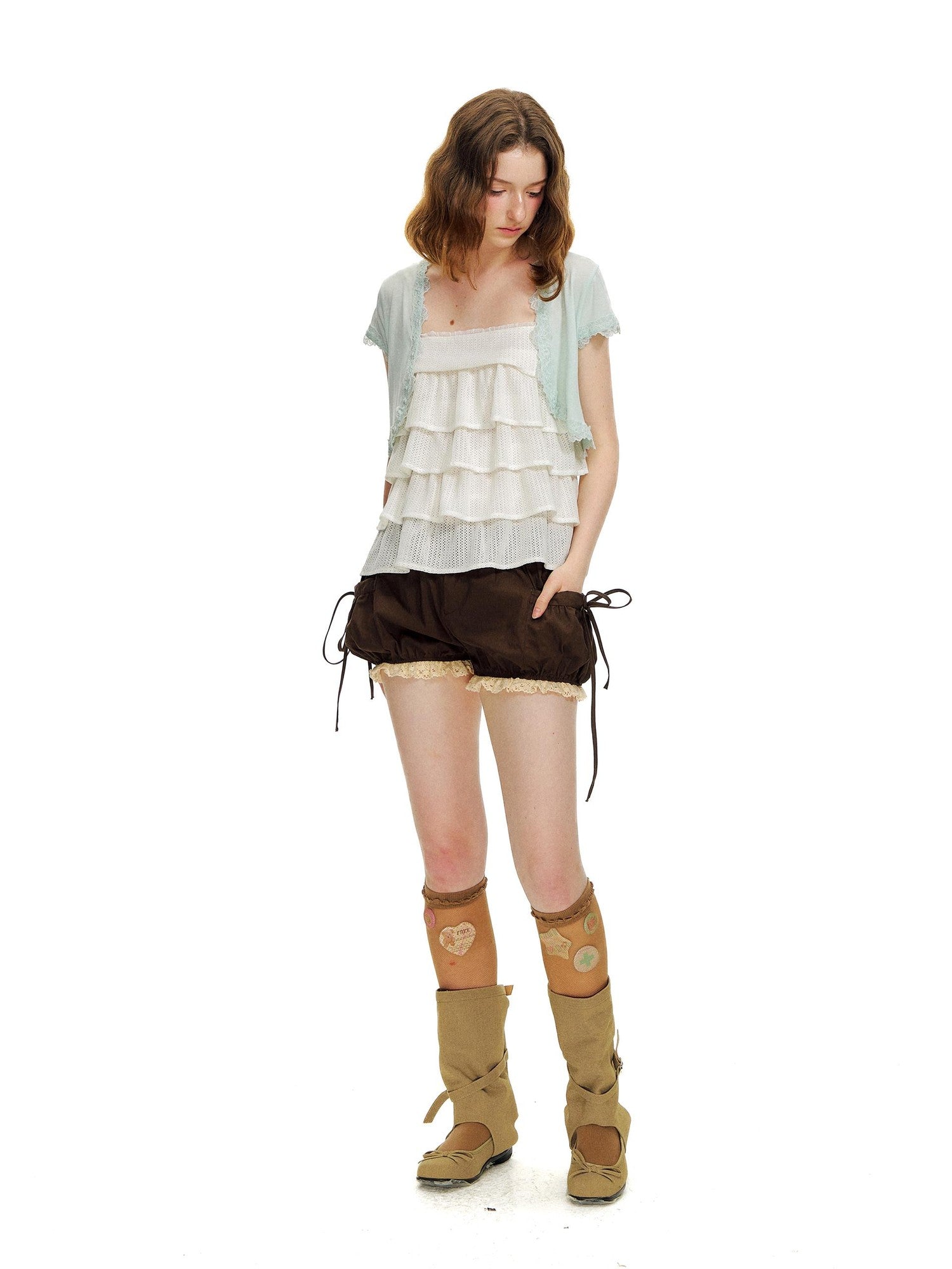Romance Nanci Brown Lace Trim Big Pocket Lantern Pumpkin Women's Cotton Low-rise Shorts