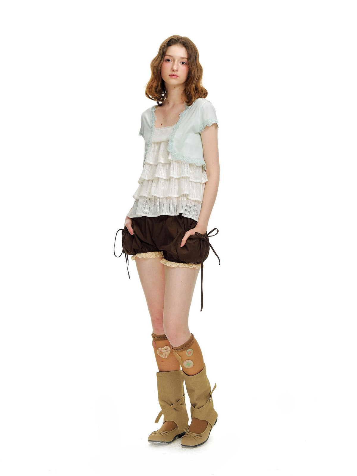 Romance Nanci Brown Lace Trim Big Pocket Lantern Pumpkin Women's Cotton Low-rise Shorts