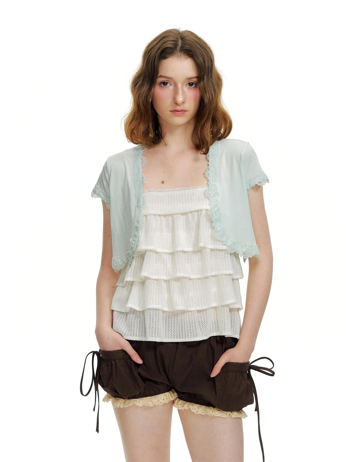 Romance Nanci Brown Lace Trim Big Pocket Lantern Pumpkin Women's Cotton Low-rise Shorts