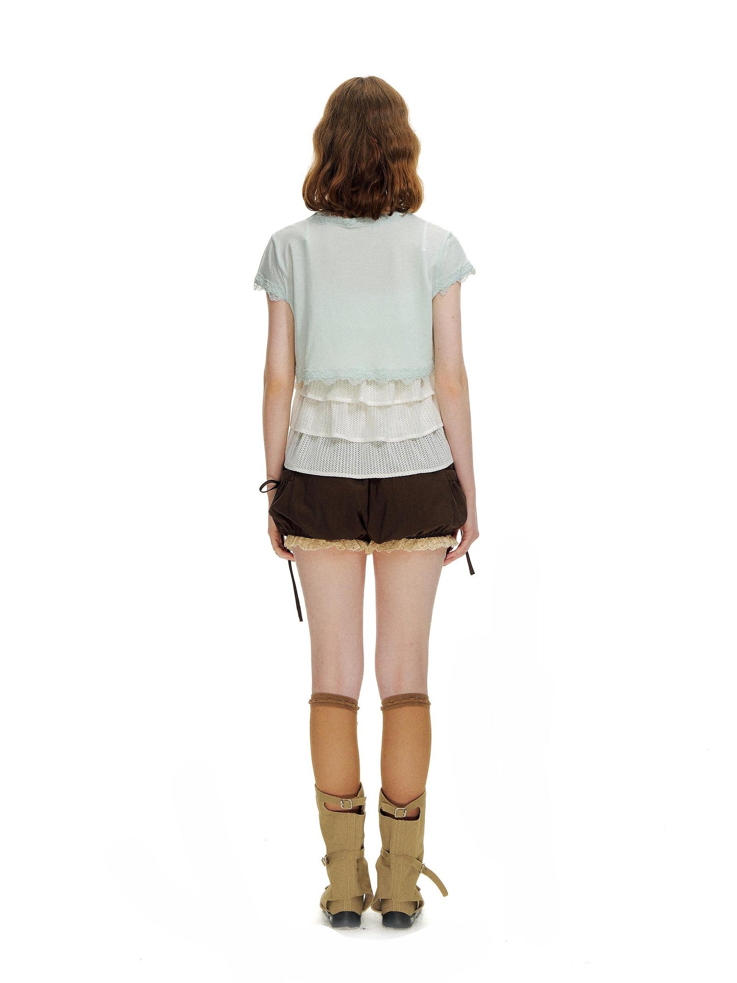 Romance Nanci Brown Lace Trim Big Pocket Lantern Pumpkin Women's Cotton Low-rise Shorts