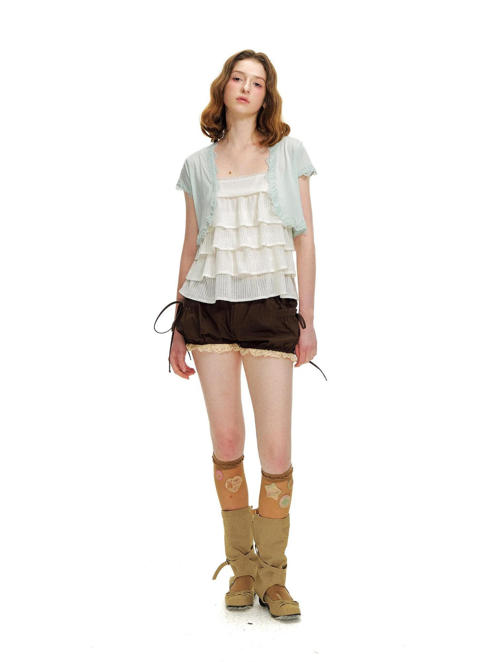 Romance Nanci Brown Lace Trim Big Pocket Lantern Pumpkin Women's Cotton Low-rise Shorts