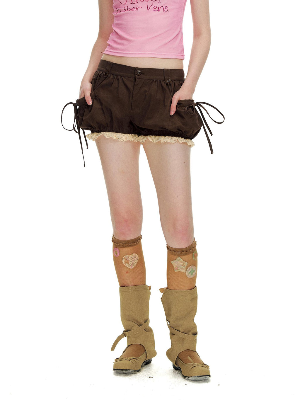 Romance Nanci Brown Lace Trim Big Pocket Lantern Pumpkin Women's Cotton Low-rise Shorts