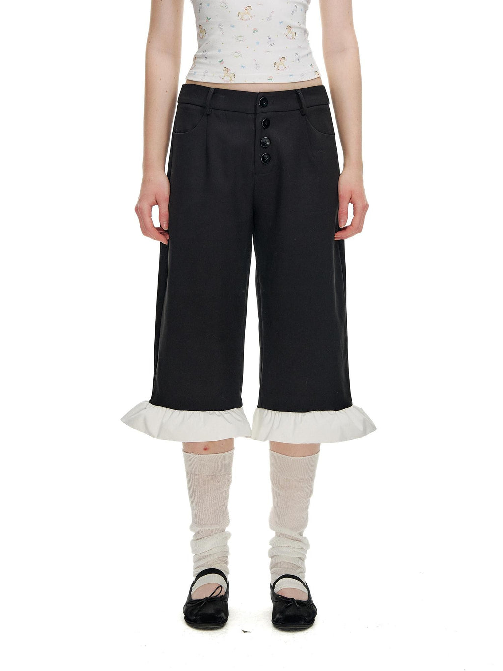 Romance Nanci Cute Floral Ruffle Natural Waist Button Straight Women's Polyester Capri Pants