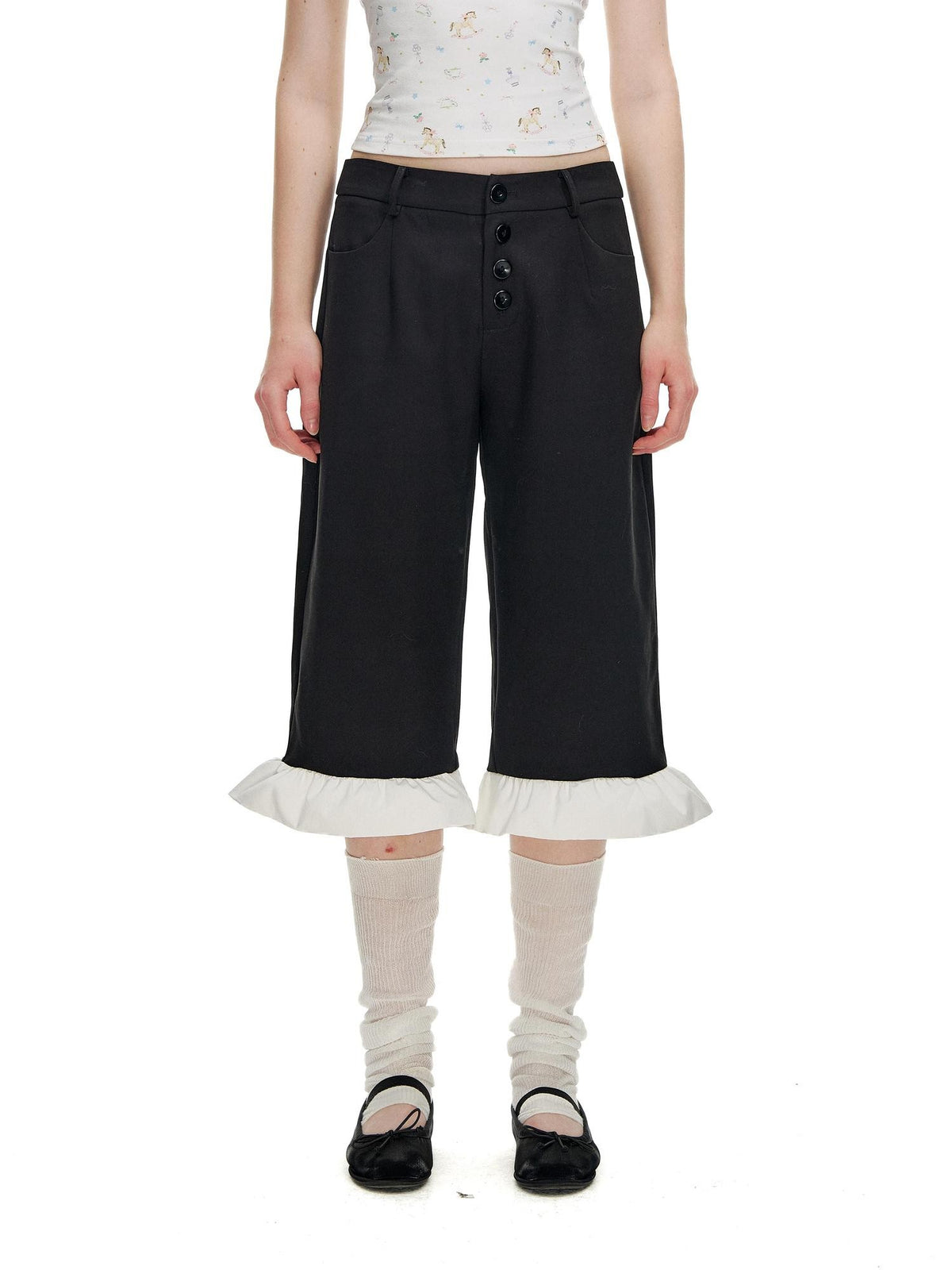 Romance Nanci Cute Floral Ruffle Natural Waist Button Straight Women's Polyester Capri Pants