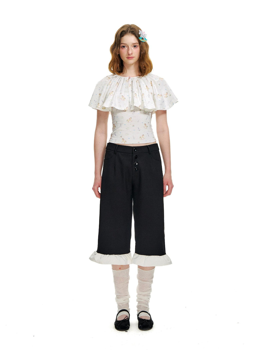Romance Nanci Cute Floral Ruffle Natural Waist Button Straight Women's Polyester Capri Pants
