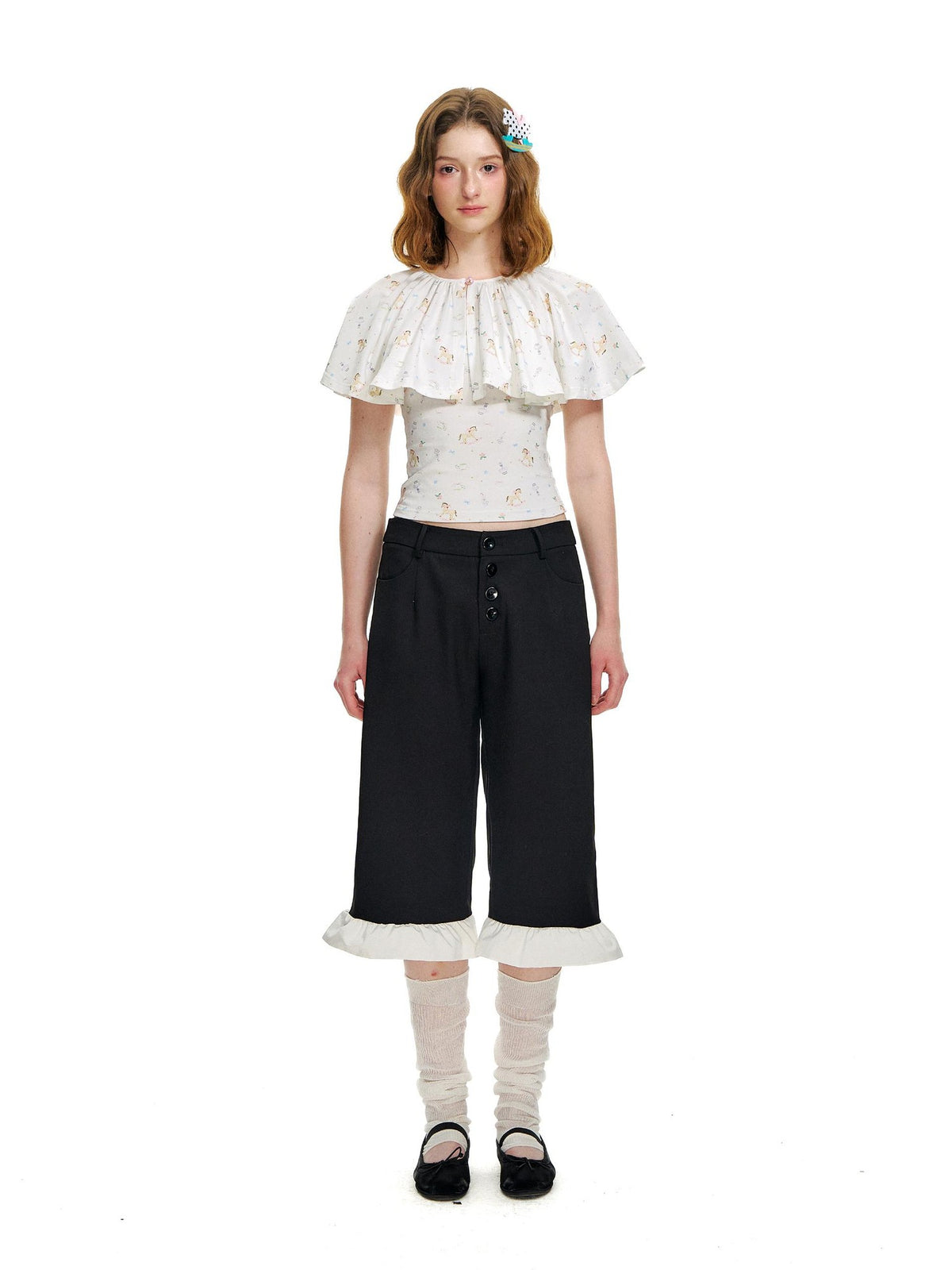 Romance Nanci Cute Floral Ruffle Natural Waist Button Straight Women's Polyester Capri Pants