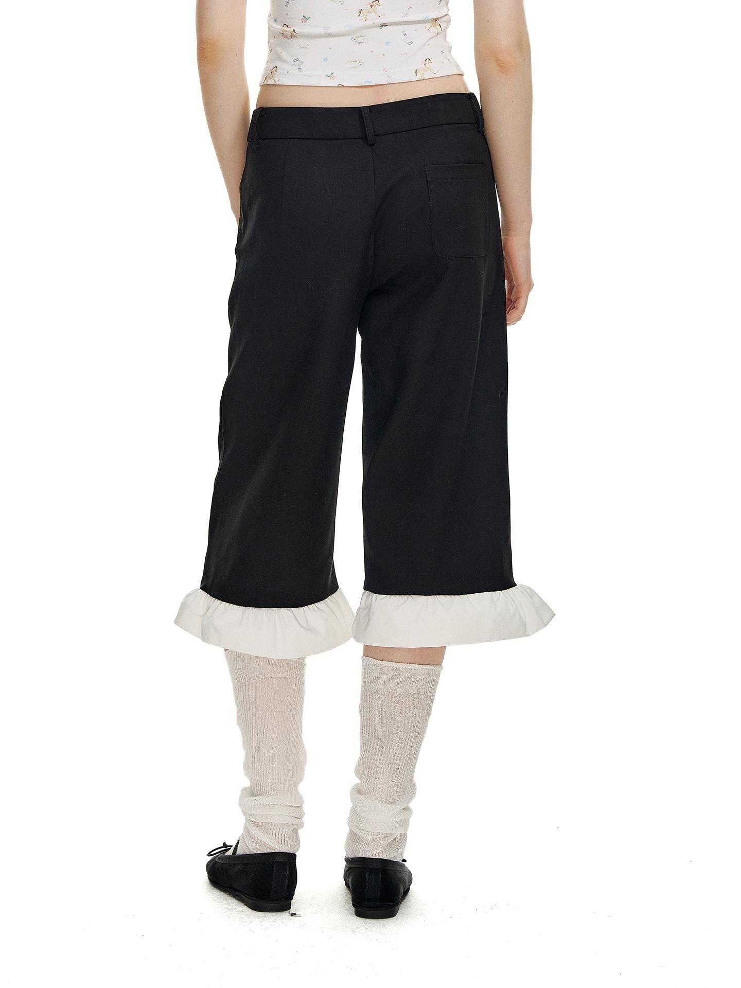 Romance Nanci Cute Floral Ruffle Natural Waist Button Straight Women's Polyester Capri Pants