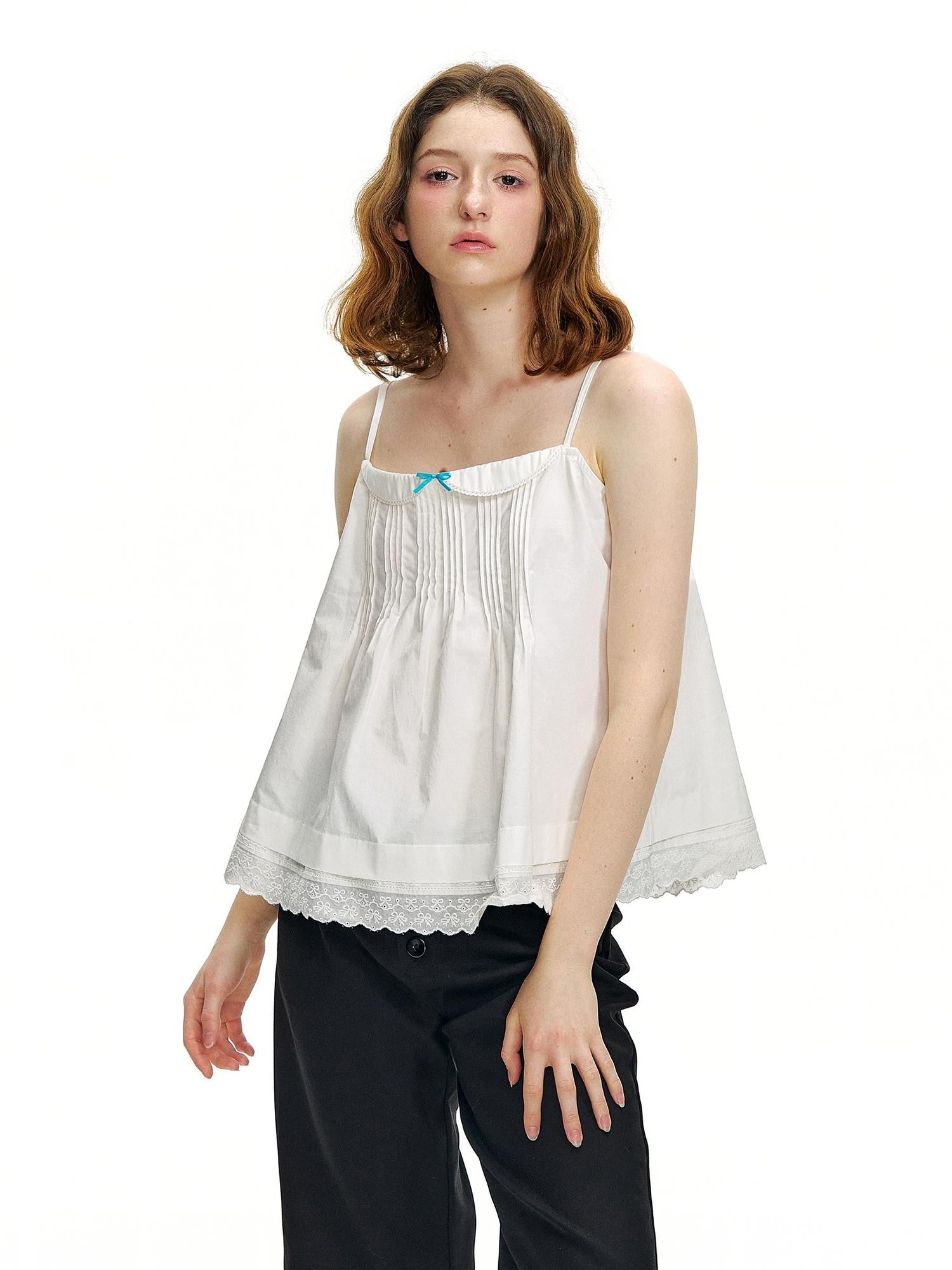 Romance Nanci Cute Mini Lace Trim Pleated A Line Doll Collar Women's Cotton Camisoles