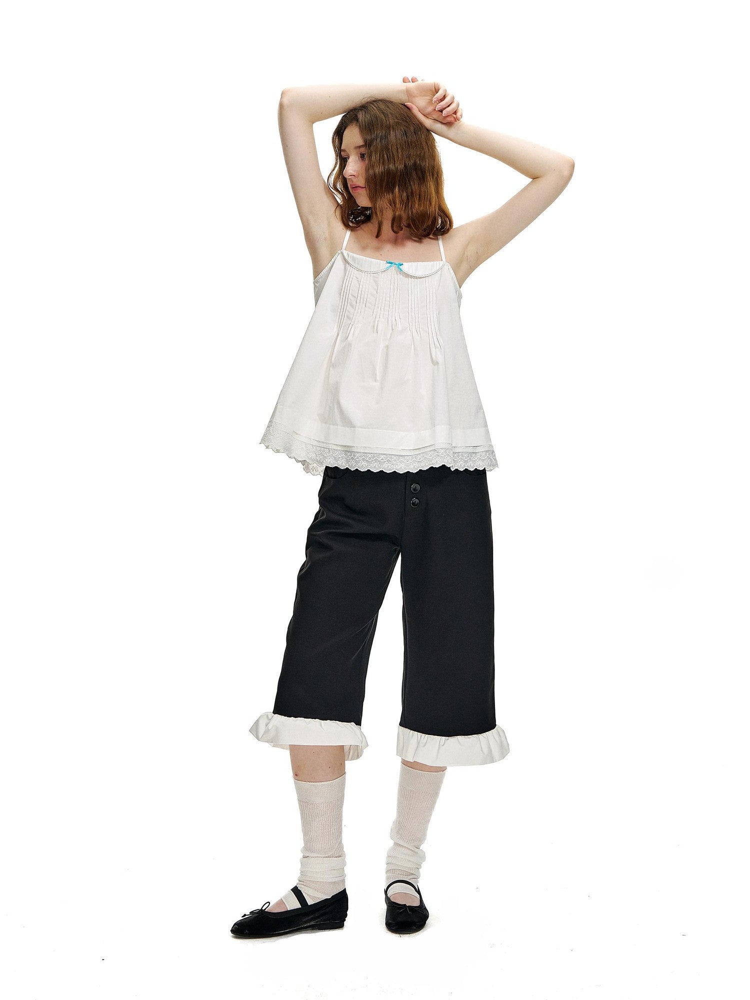 Romance Nanci Cute Mini Lace Trim Pleated A Line Doll Collar Women's Cotton Camisoles