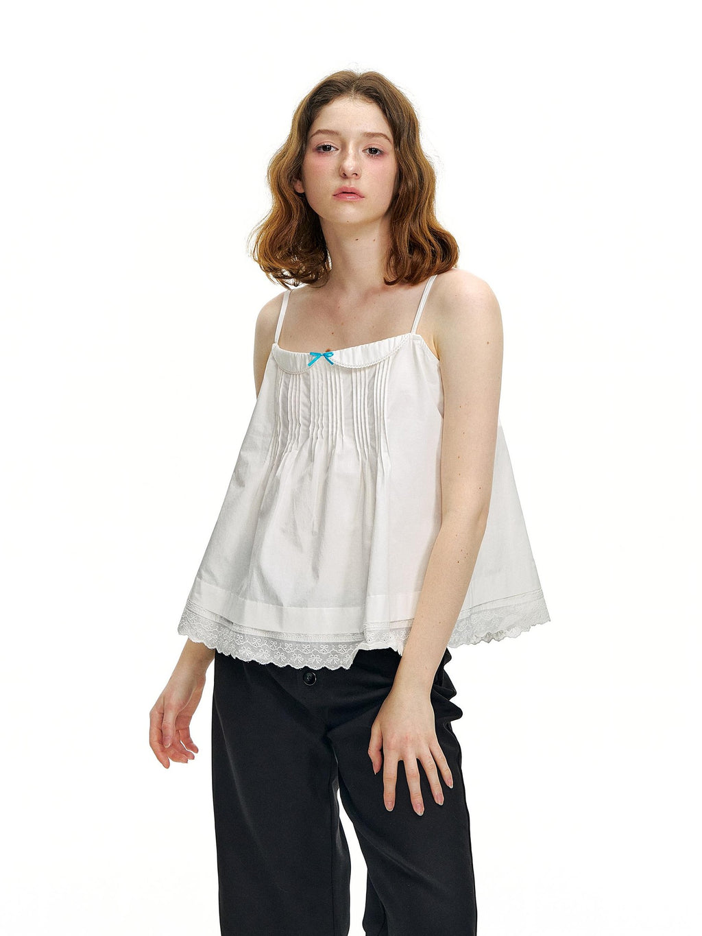 Romance Nanci Cute Mini Lace Trim Pleated A Line Doll Collar Women's Cotton Camisoles