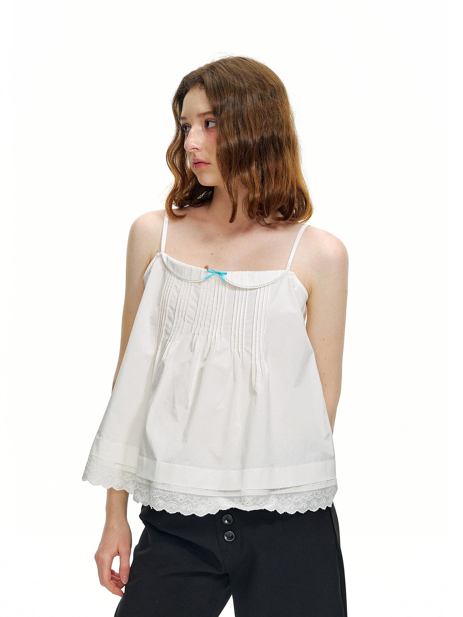 Romance Nanci Cute Mini Lace Trim Pleated A Line Doll Collar Women's Cotton Camisoles