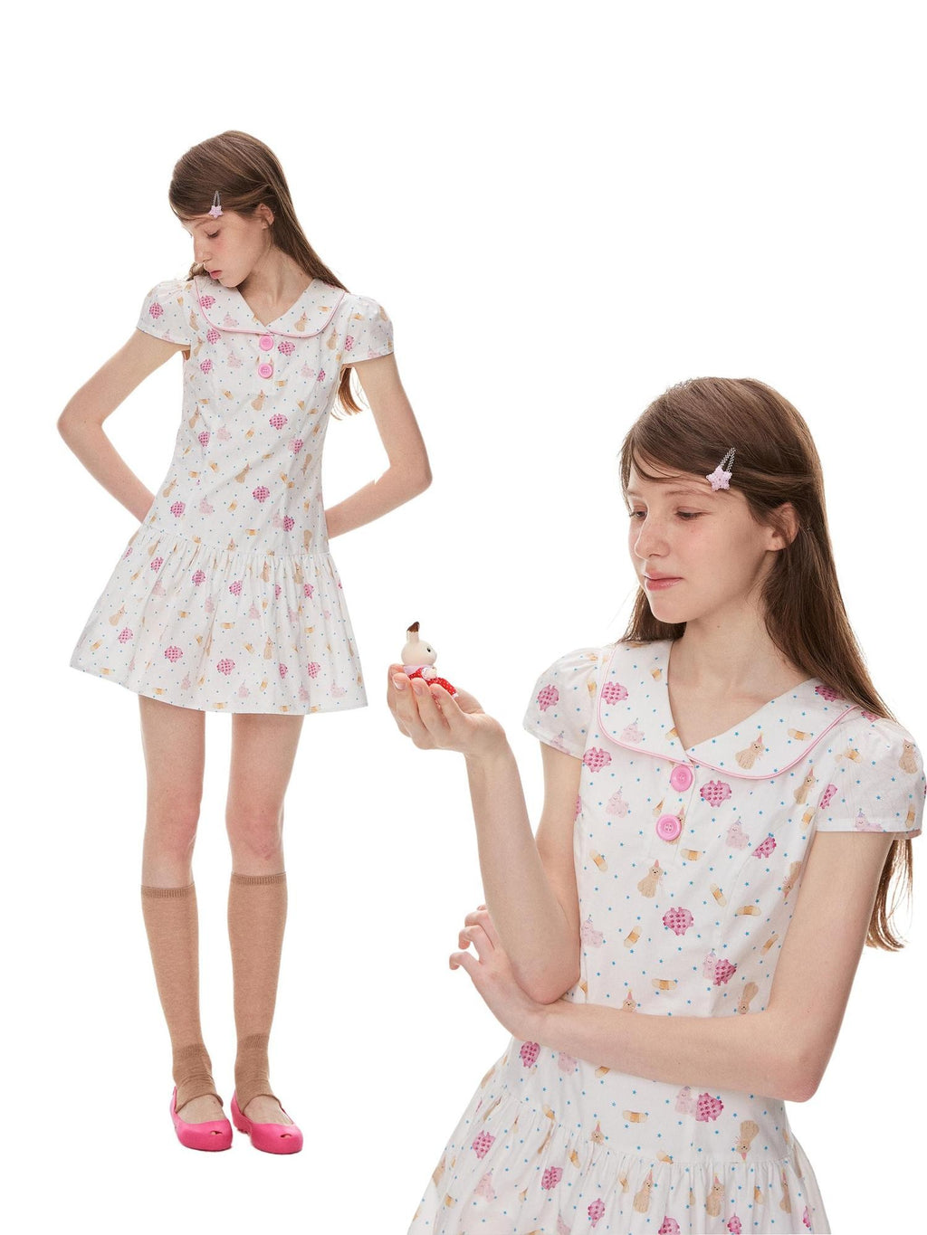 Romance Nanci Cute Puppy Print Doll Collar Cinched Waist Women's Cotton Babydoll Mini Dresses