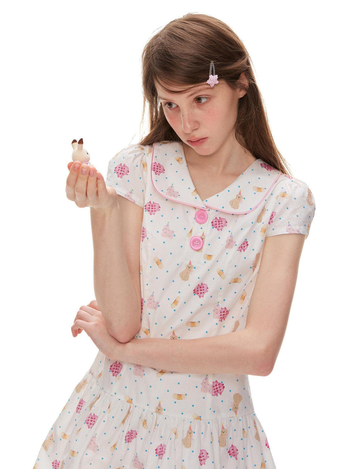 Romance Nanci Cute Puppy Print Doll Collar Cinched Waist Women's Cotton Babydoll Mini Dresses