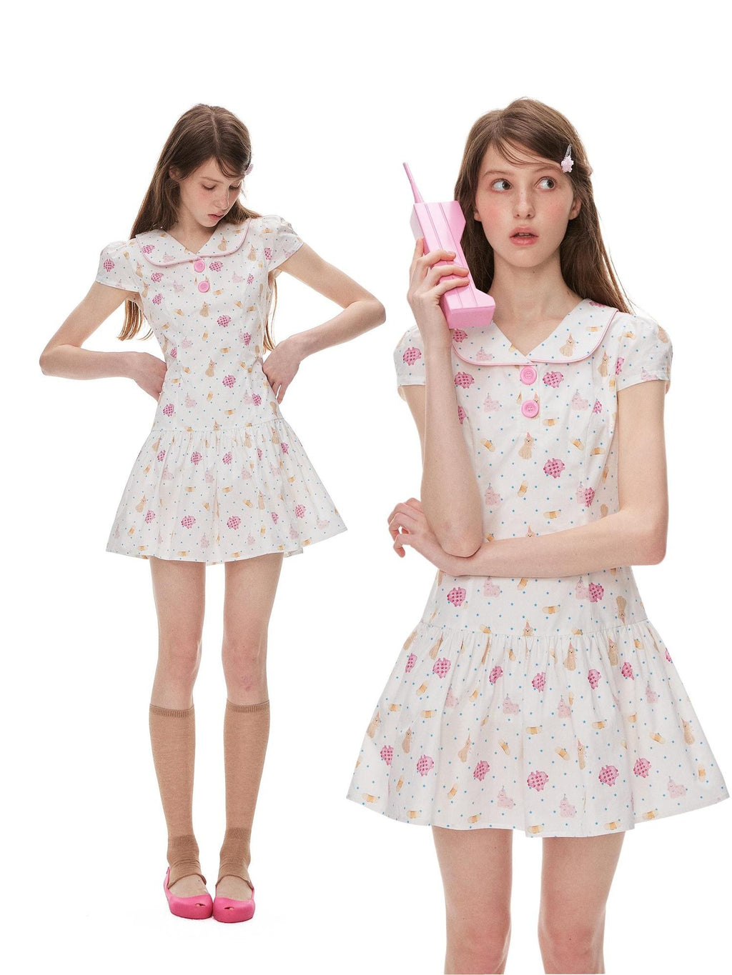 Romance Nanci Cute Puppy Print Doll Collar Cinched Waist Women's Cotton Babydoll Mini Dresses