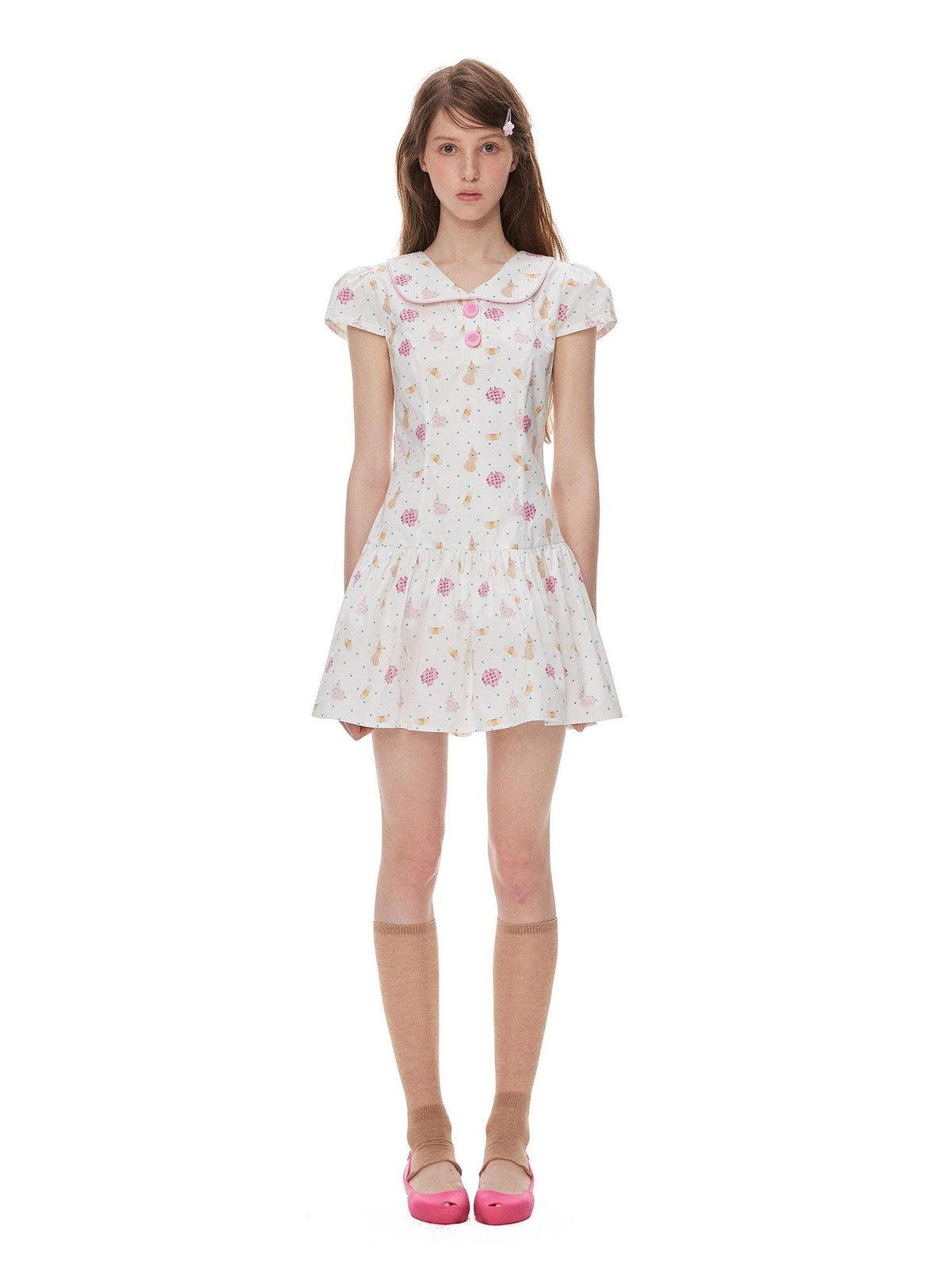 Romance Nanci Cute Puppy Print Doll Collar Cinched Waist Women's Cotton Babydoll Mini Dresses