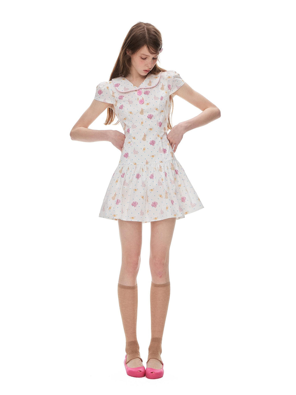 Romance Nanci Cute Puppy Print Doll Collar Cinched Waist Women's Cotton Babydoll Mini Dresses