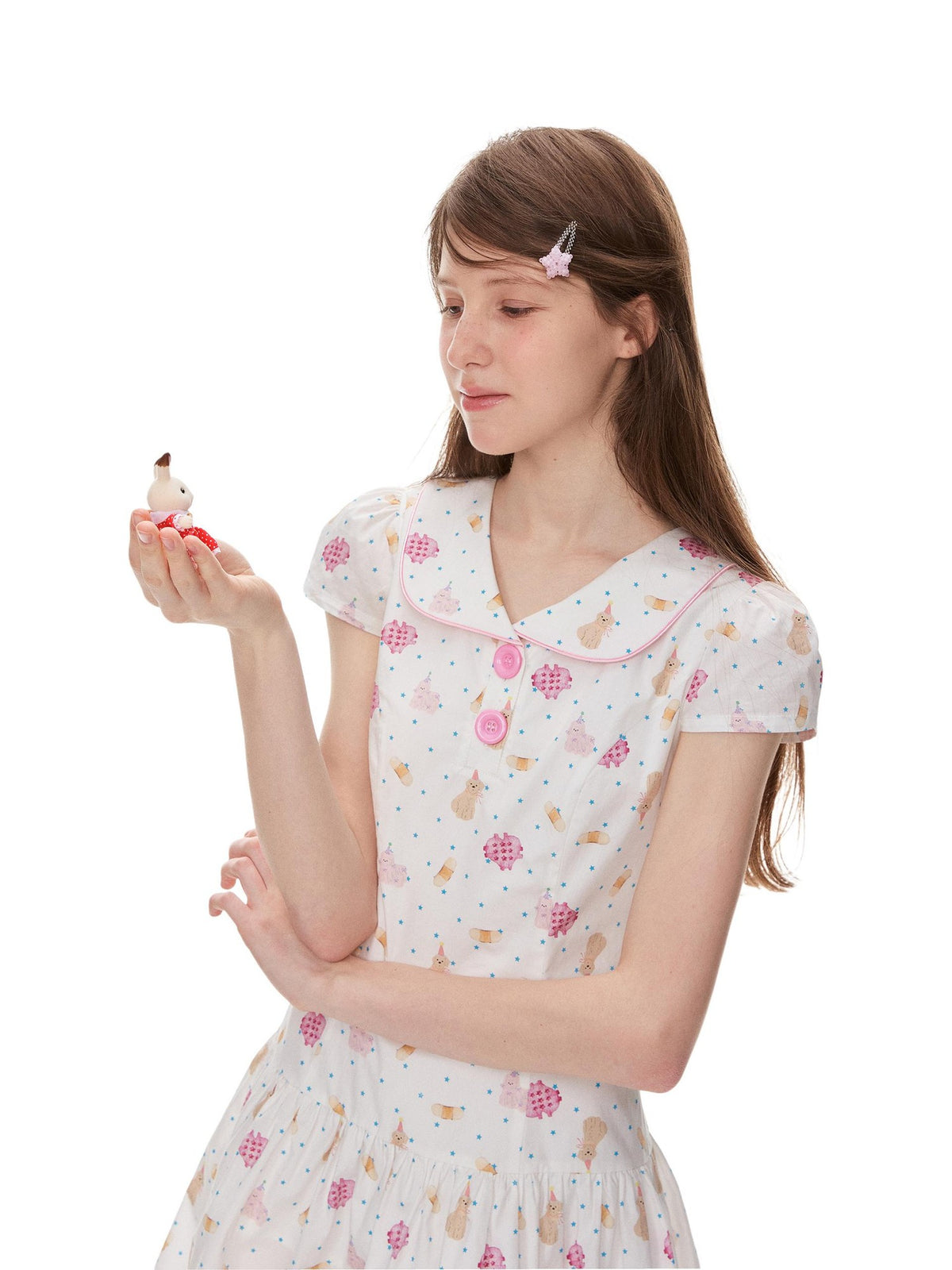 Romance Nanci Cute Puppy Print Doll Collar Cinched Waist Women's Cotton Babydoll Mini Dresses