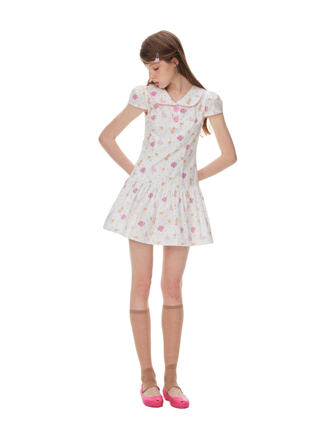 Romance Nanci Cute Puppy Print Doll Collar Cinched Waist Women's Cotton Babydoll Mini Dresses