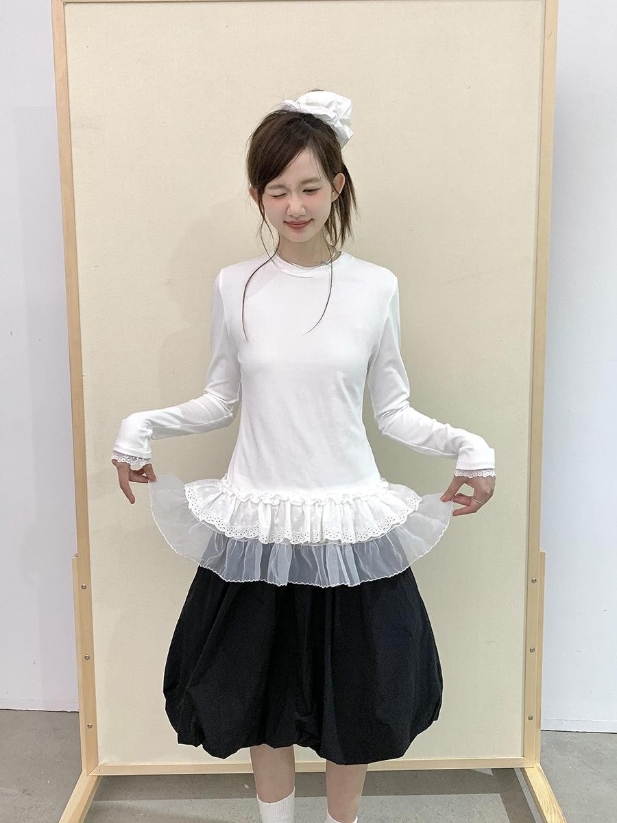 Romance Nanci Double Layer Ruffle Lace Women's Cotton Long Sleeve T-shirts