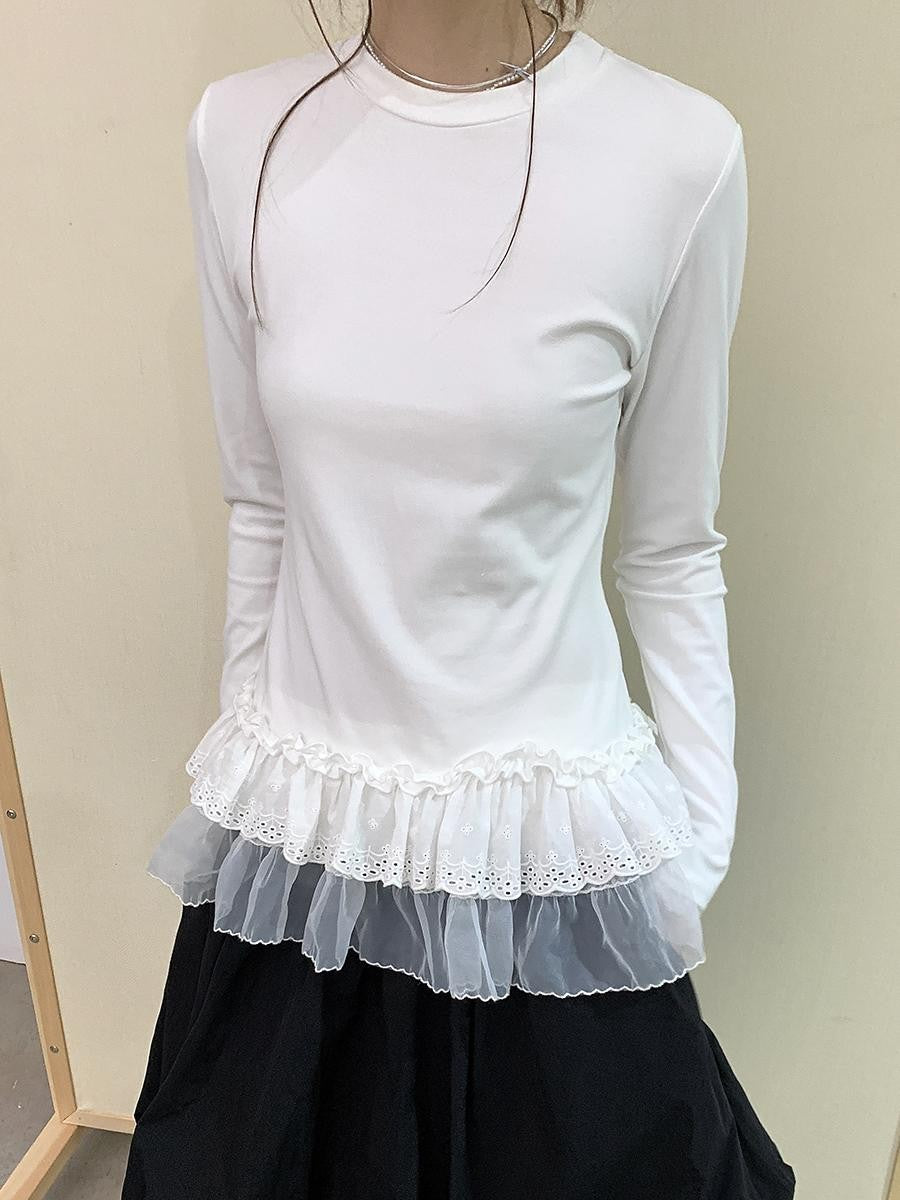 Romance Nanci Double Layer Ruffle Lace Women's Cotton Long Sleeve T-shirts