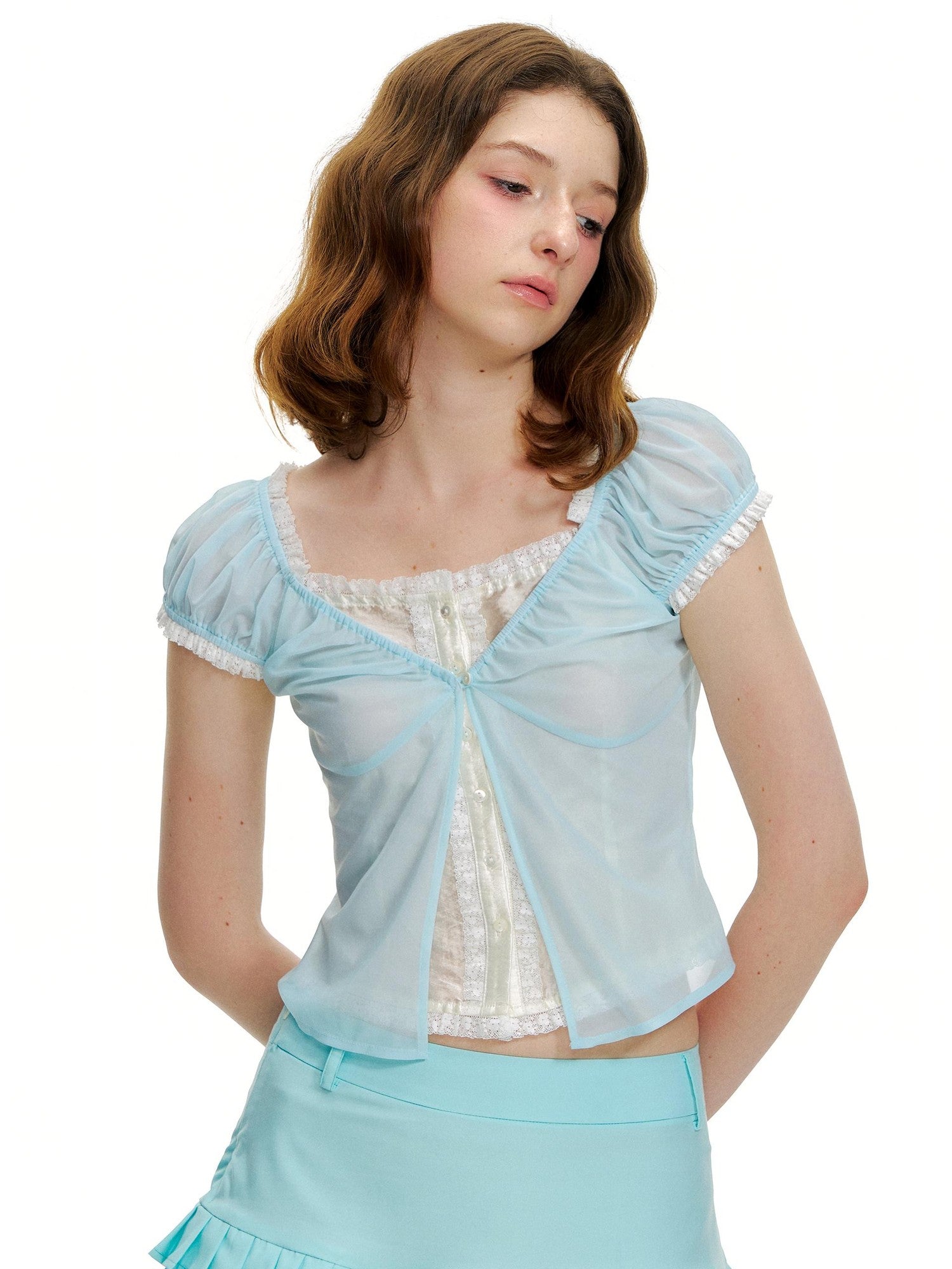 Romance Nanci Floral Applique Faux Layered Puff Sleeve Women's Sheer Short Sleeve T-shirts