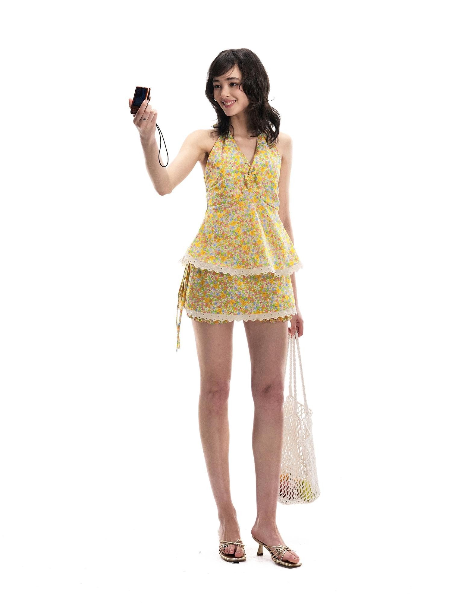Romance Nanci Floral Print Halter V-neck Waist Cinched Women's Casual Top & Shorts Sets