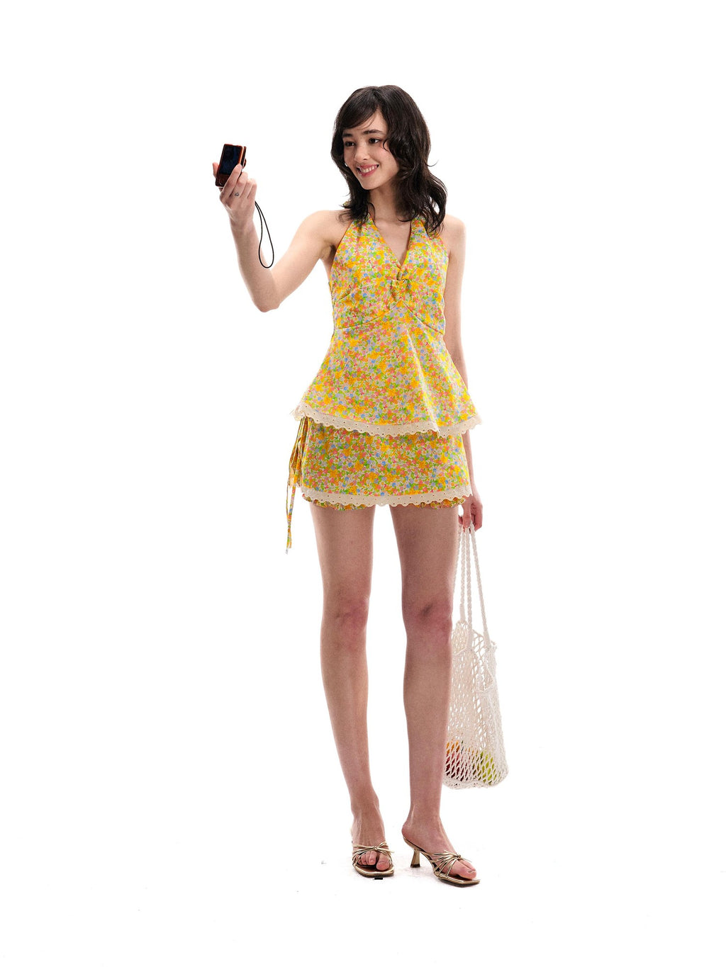 Romance Nanci Floral Print Halter V-neck Waist Cinched Women's Casual Top & Shorts Sets