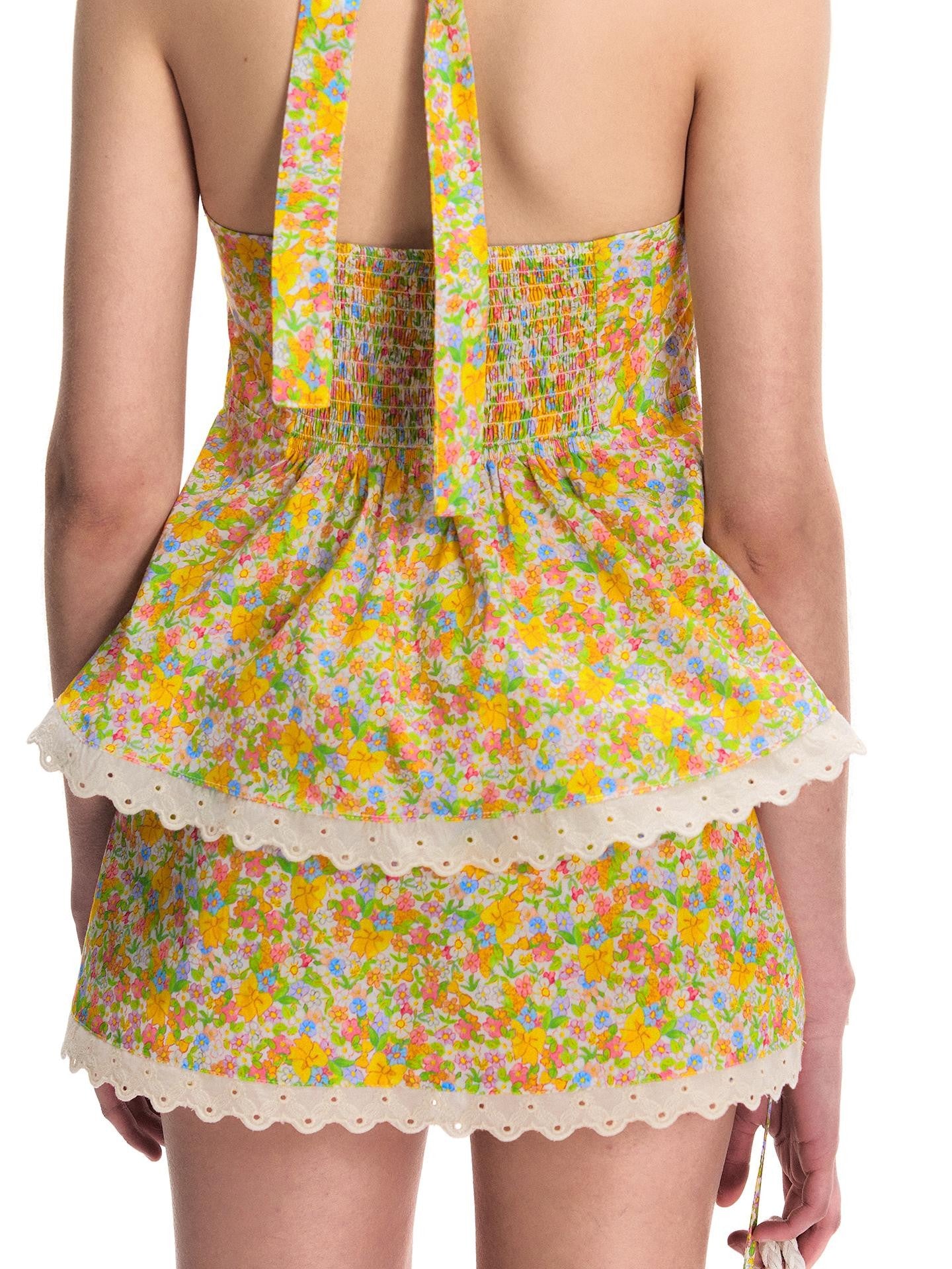 Romance Nanci Floral Print Halter V-neck Waist Cinched Women's Casual Top & Shorts Sets