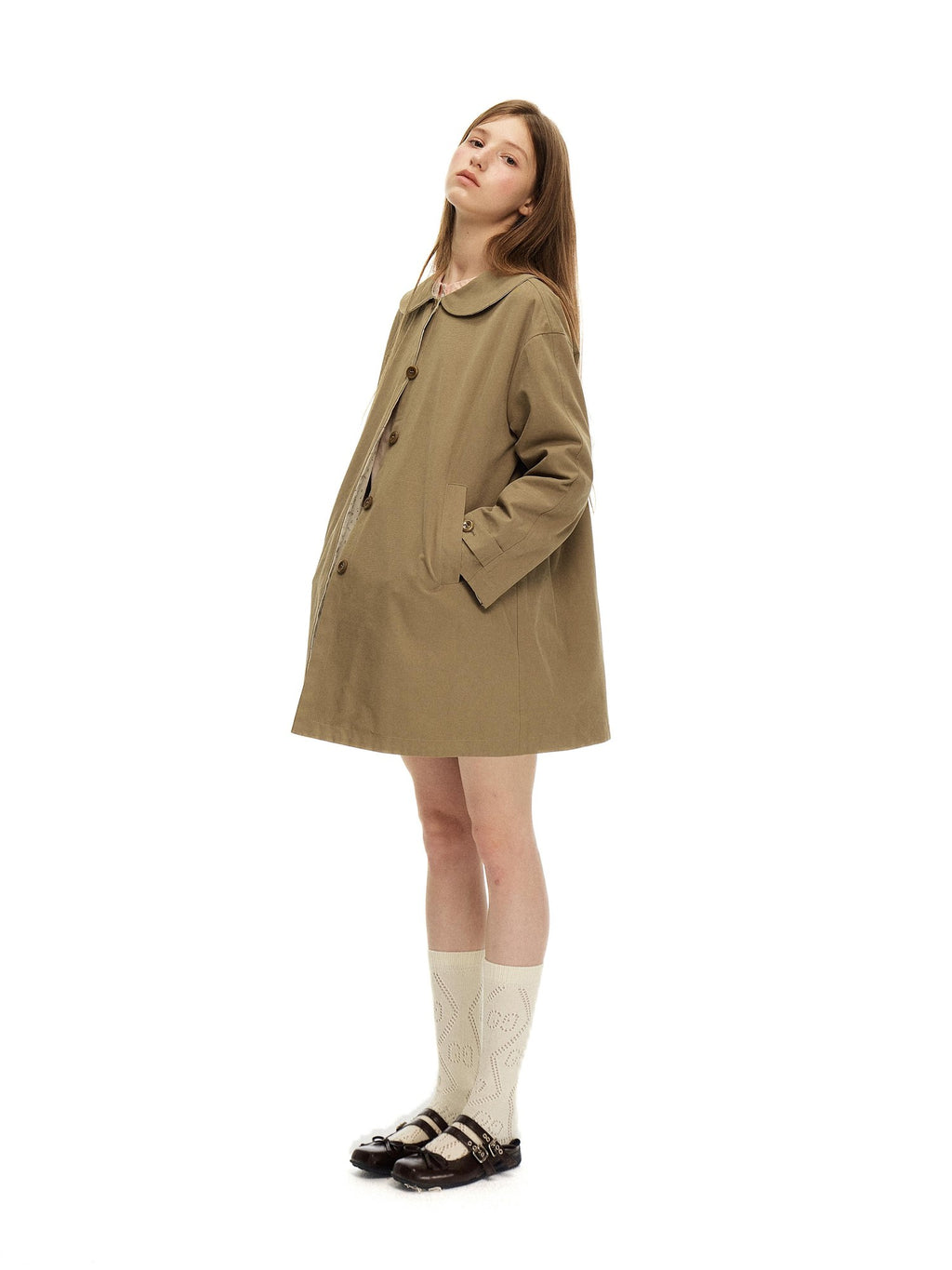 Romance Nanci Floral Reversible A Line Long Sleeve Cotton Women's Mid Length Trench Coats