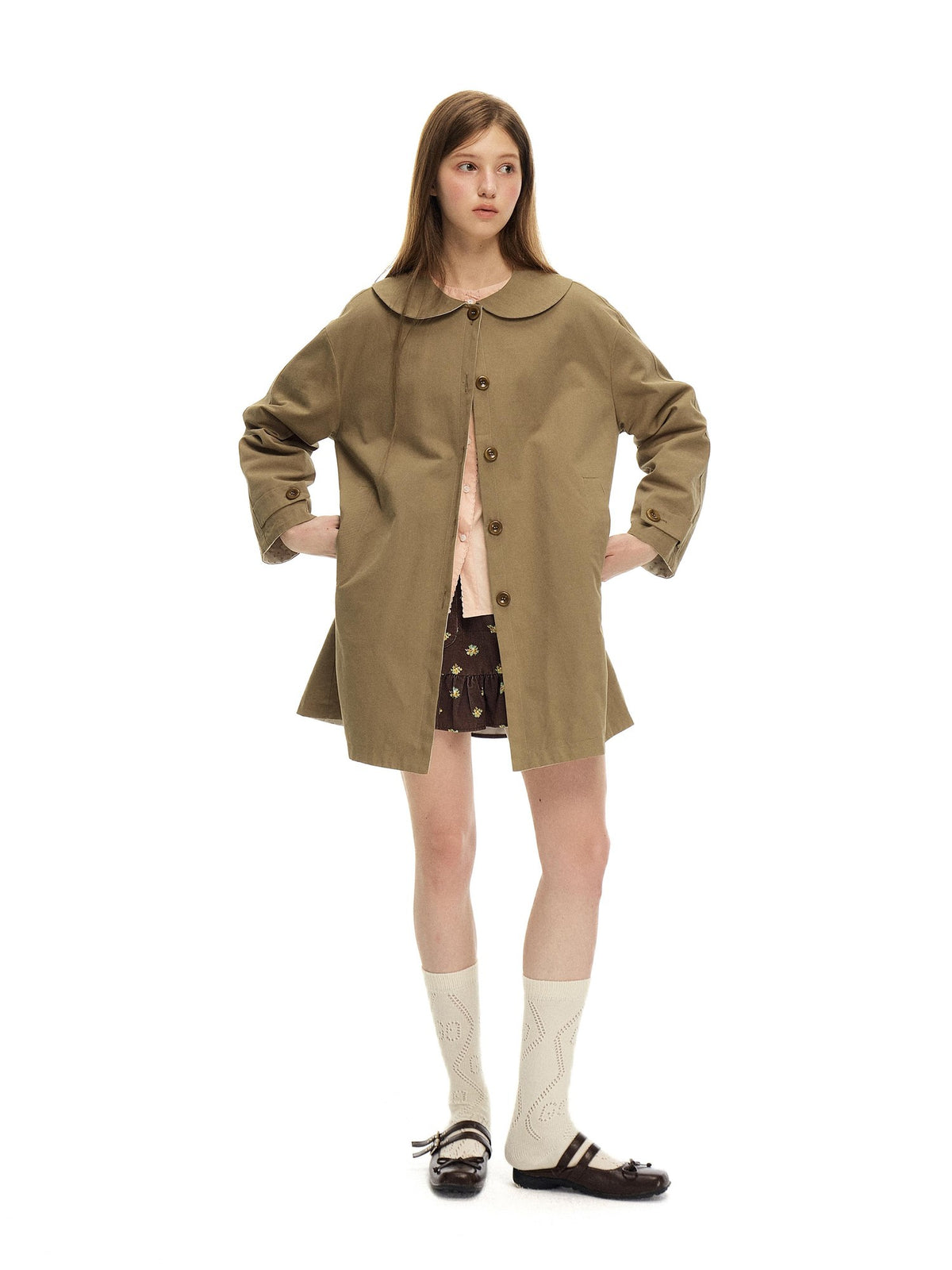 Romance Nanci Floral Reversible A Line Long Sleeve Cotton Women's Mid Length Trench Coats