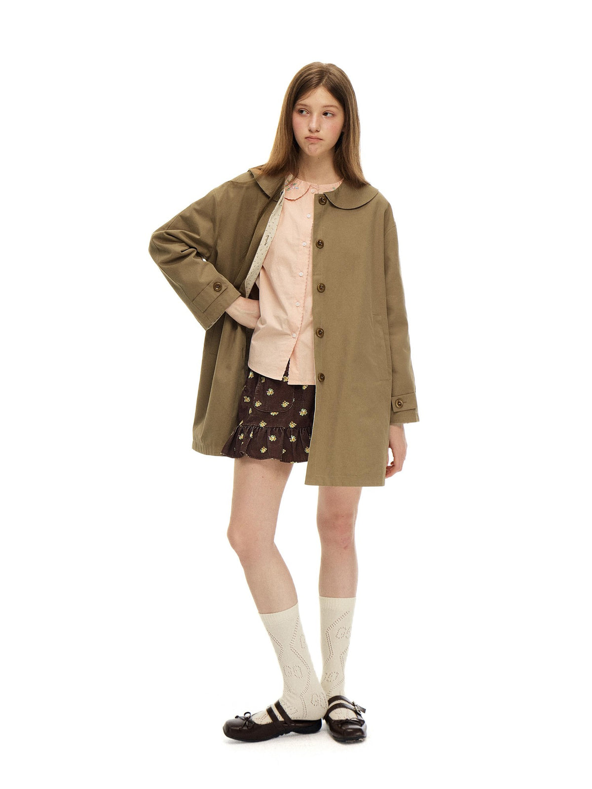Romance Nanci Floral Reversible A Line Long Sleeve Cotton Women's Mid Length Trench Coats