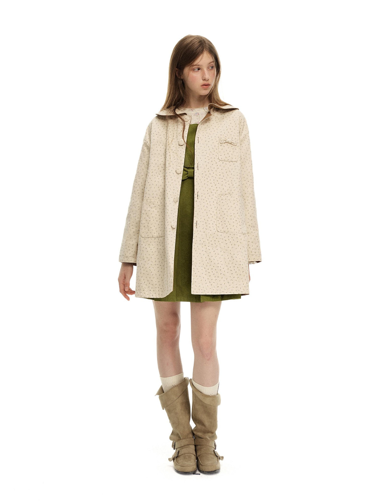 Romance Nanci Floral Reversible A Line Long Sleeve Cotton Women's Mid Length Trench Coats