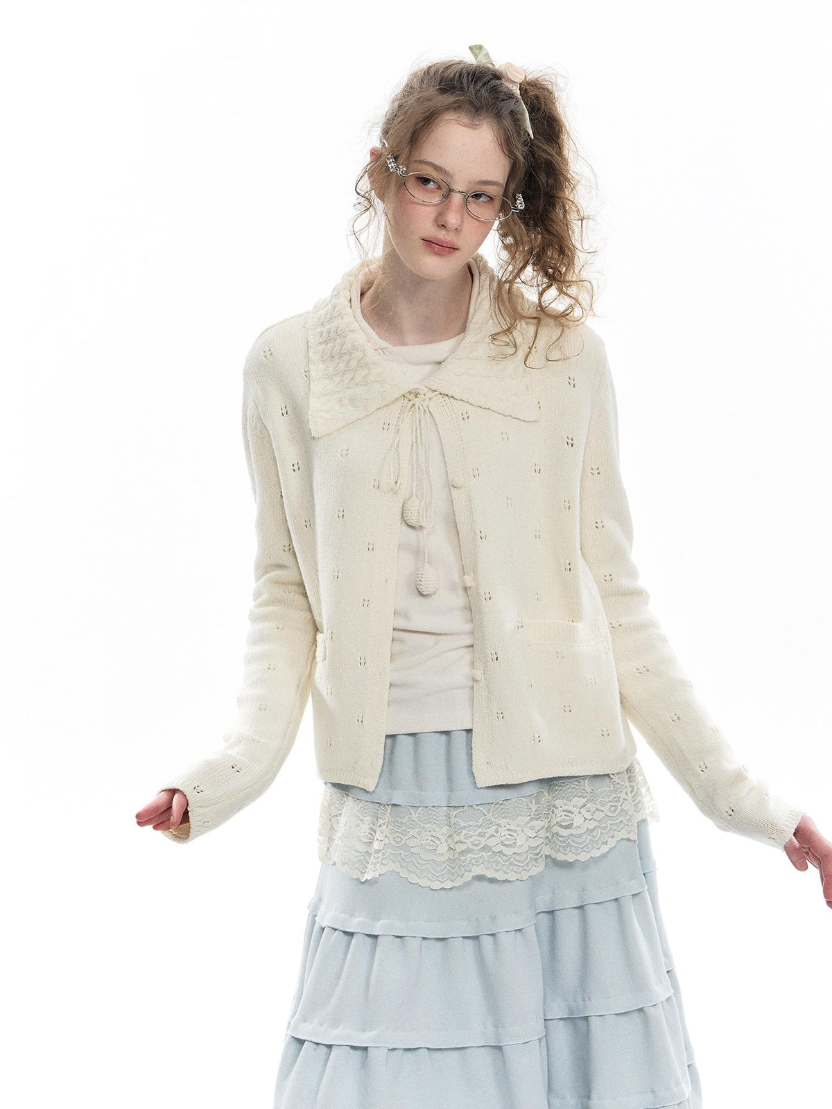 Romance Nanci Girly Openwork Bow Long Sleeve Women's Acrylic Wool Blend Cardigans