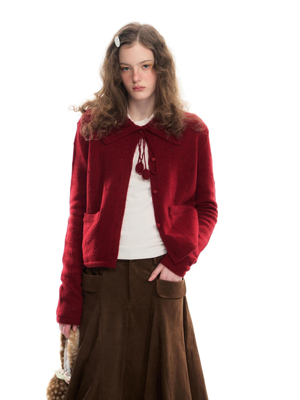 Romance Nanci Girly Openwork Bow Long Sleeve Women's Acrylic Wool Blend Cardigans