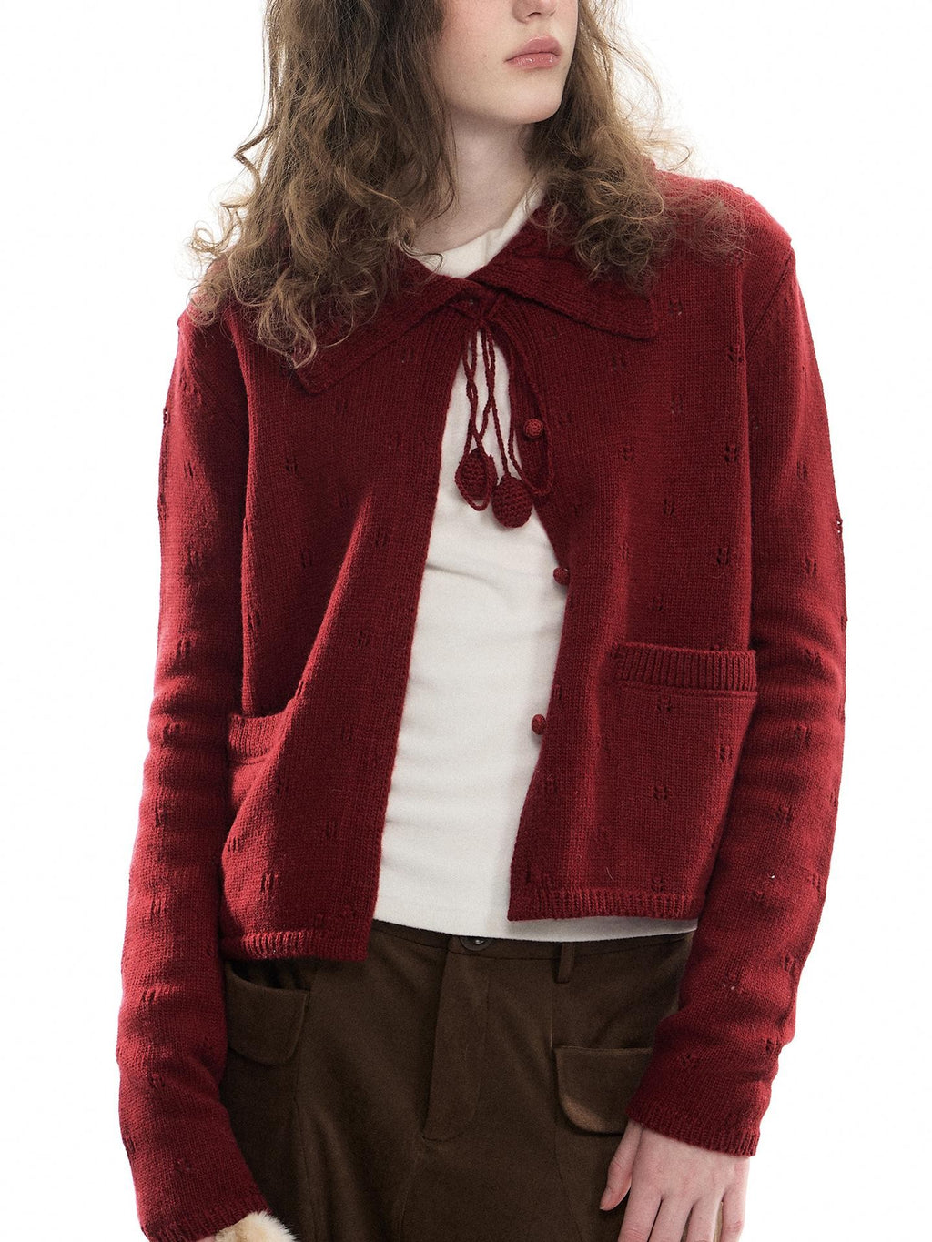 Romance Nanci Girly Openwork Bow Long Sleeve Women's Acrylic Wool Blend Cardigans