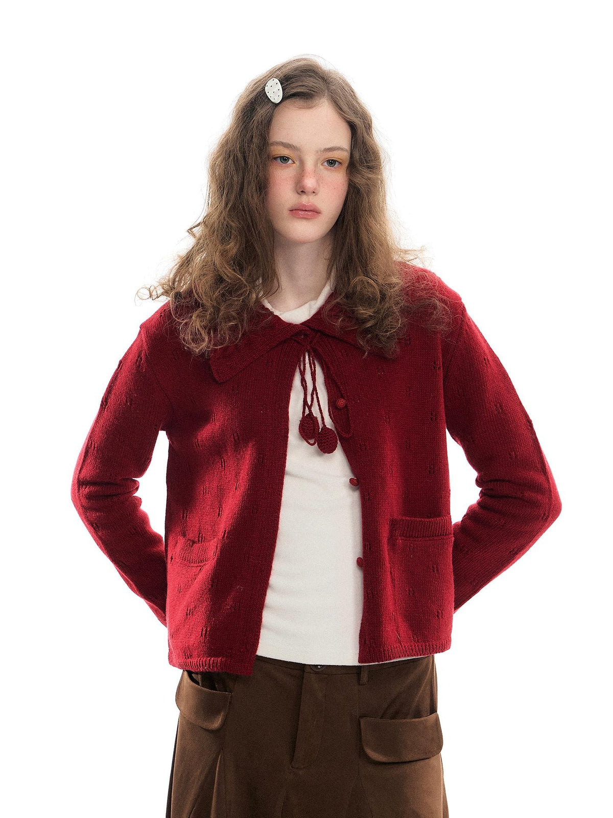 Romance Nanci Girly Openwork Bow Long Sleeve Women's Acrylic Wool Blend Cardigans